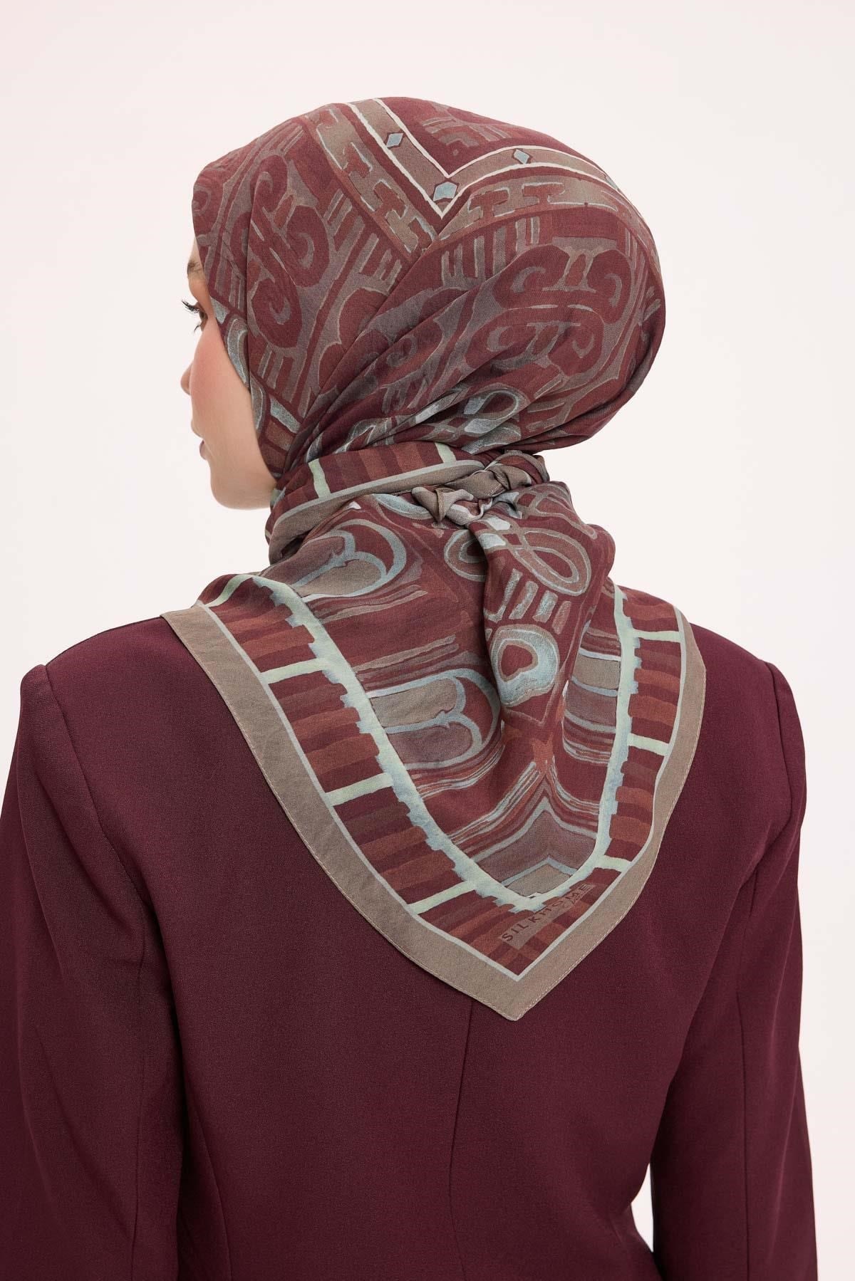 Viskon Velora Eşarp Dört Mevsim Antik Motif Desen Kiremit Bordo 90X90