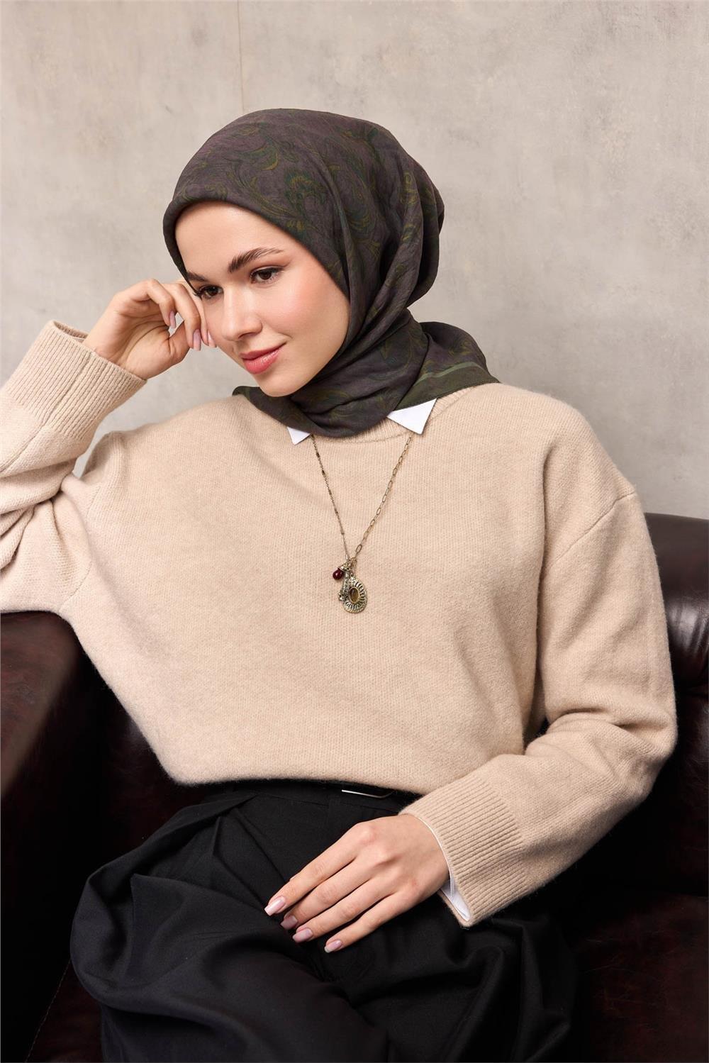 Viskon Velora Eşarp Dört Mevsim Barok Floral Desen Asker Yeşili 90x90
