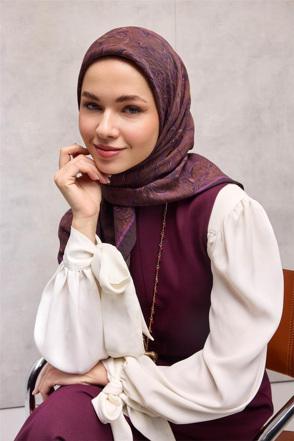 Viskon Velora Eşarp Dört Mevsim Barok Floral Desen Koyu Mor 90x90