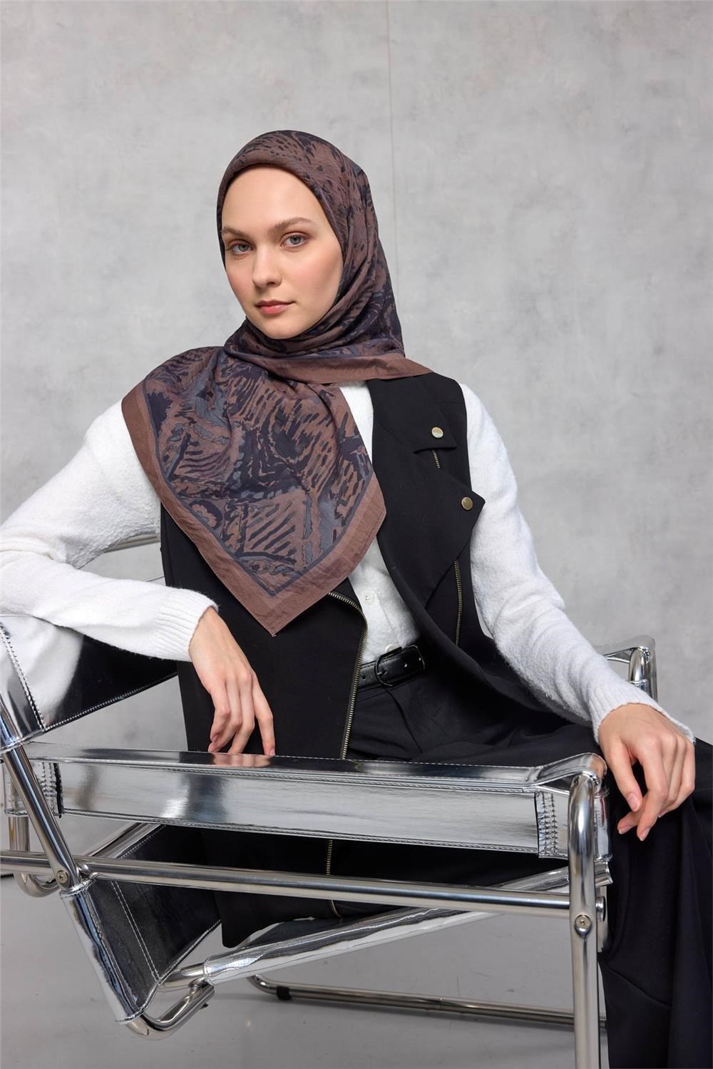 Viskon Velora Eşarp Dört Mevsim Karma Desen Kahve 90x90