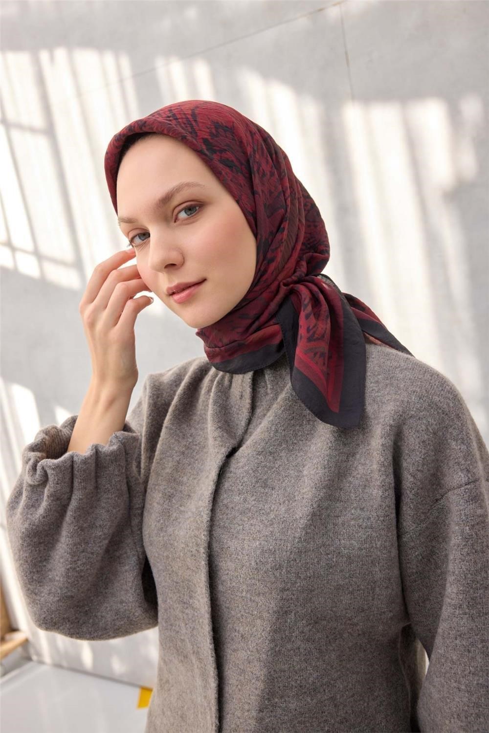 Viskon Velora Eşarp Dört Mevsim Karma Desen Bordo 90x90