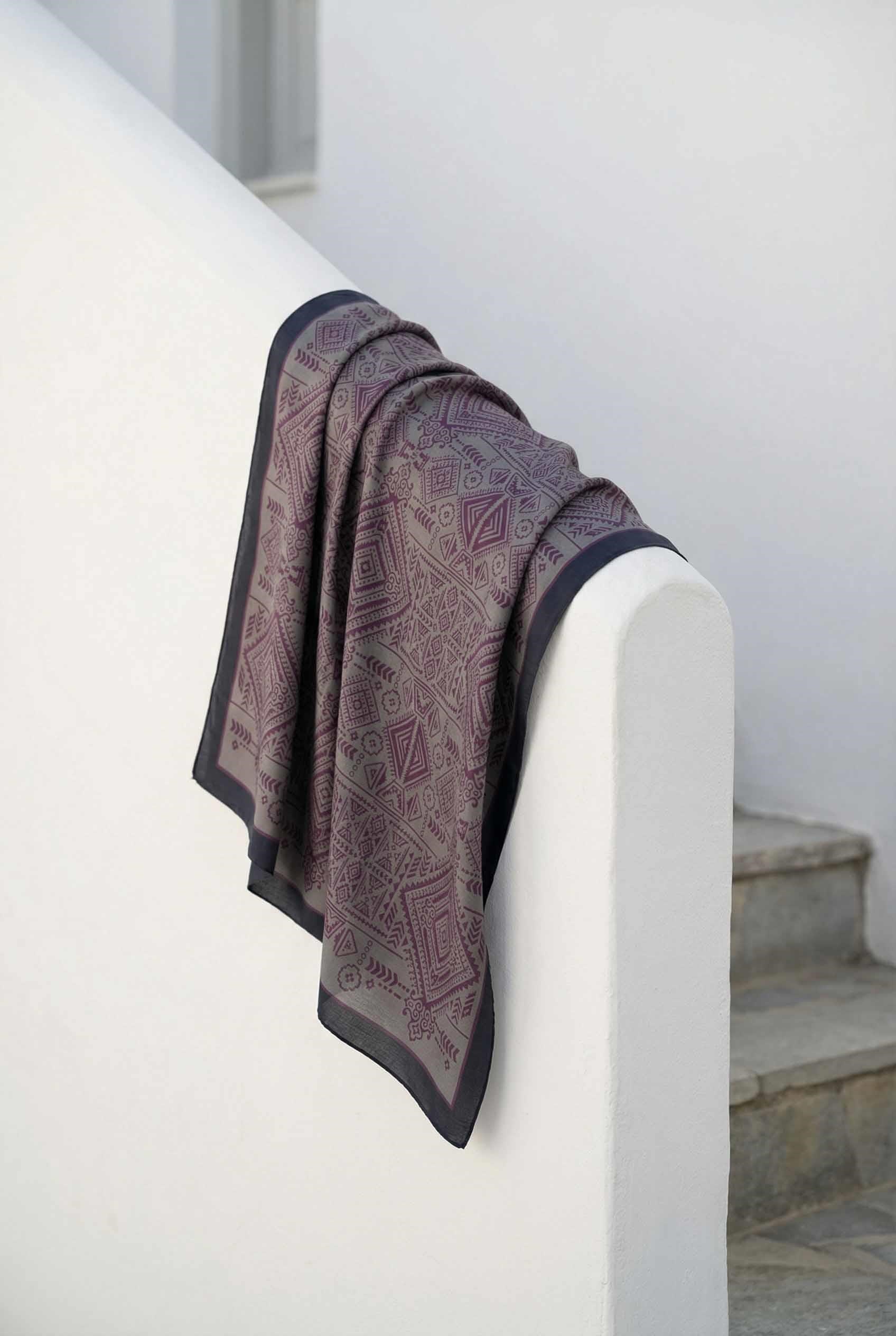 Viskon Velora Eşarp Dört Mevsim Kilim Desen Gri Siyah 90X90