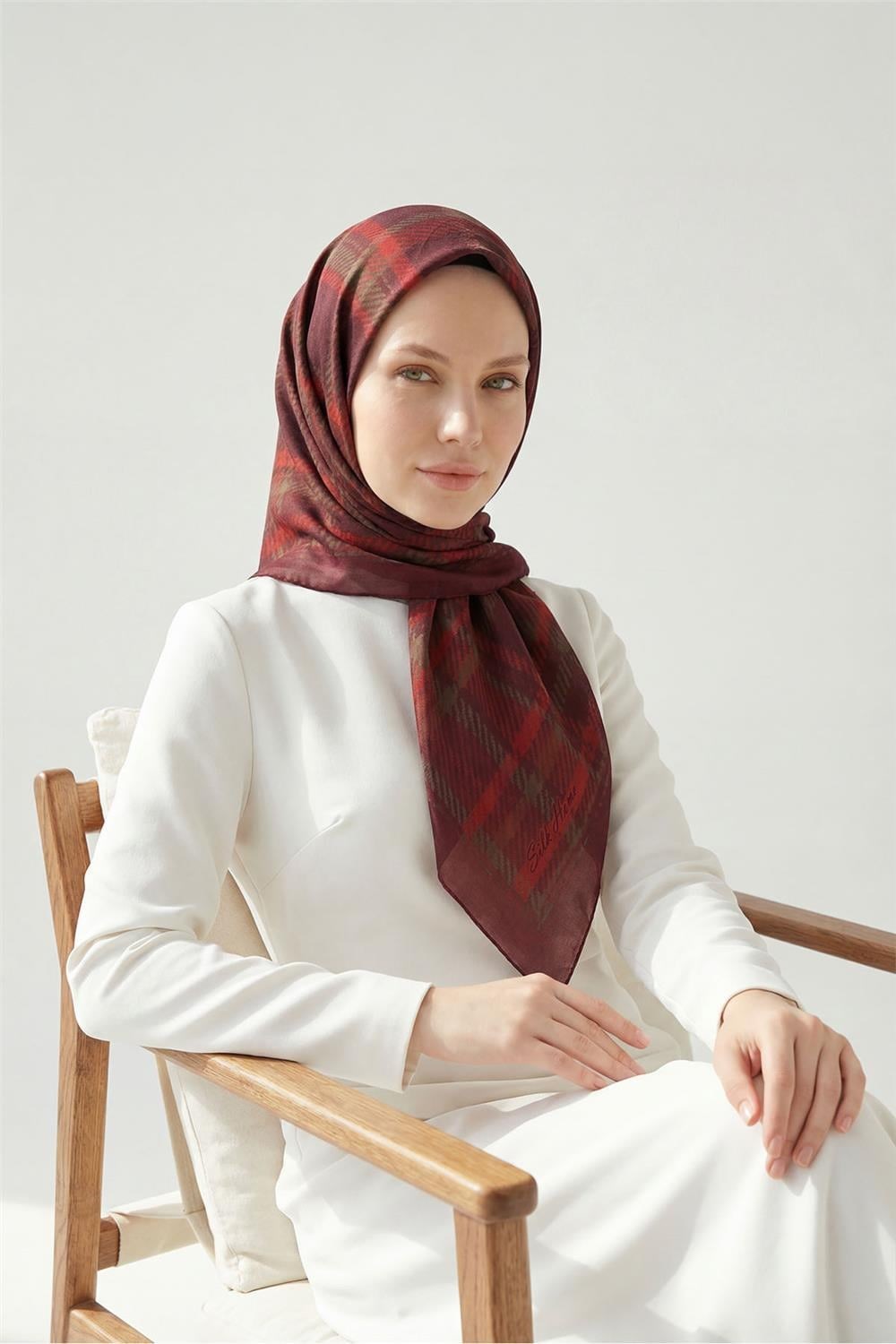 Viskon Velora Eşarp Ekose Desenli Bordo Tok Duruşlu Dört Mevsim 90x90