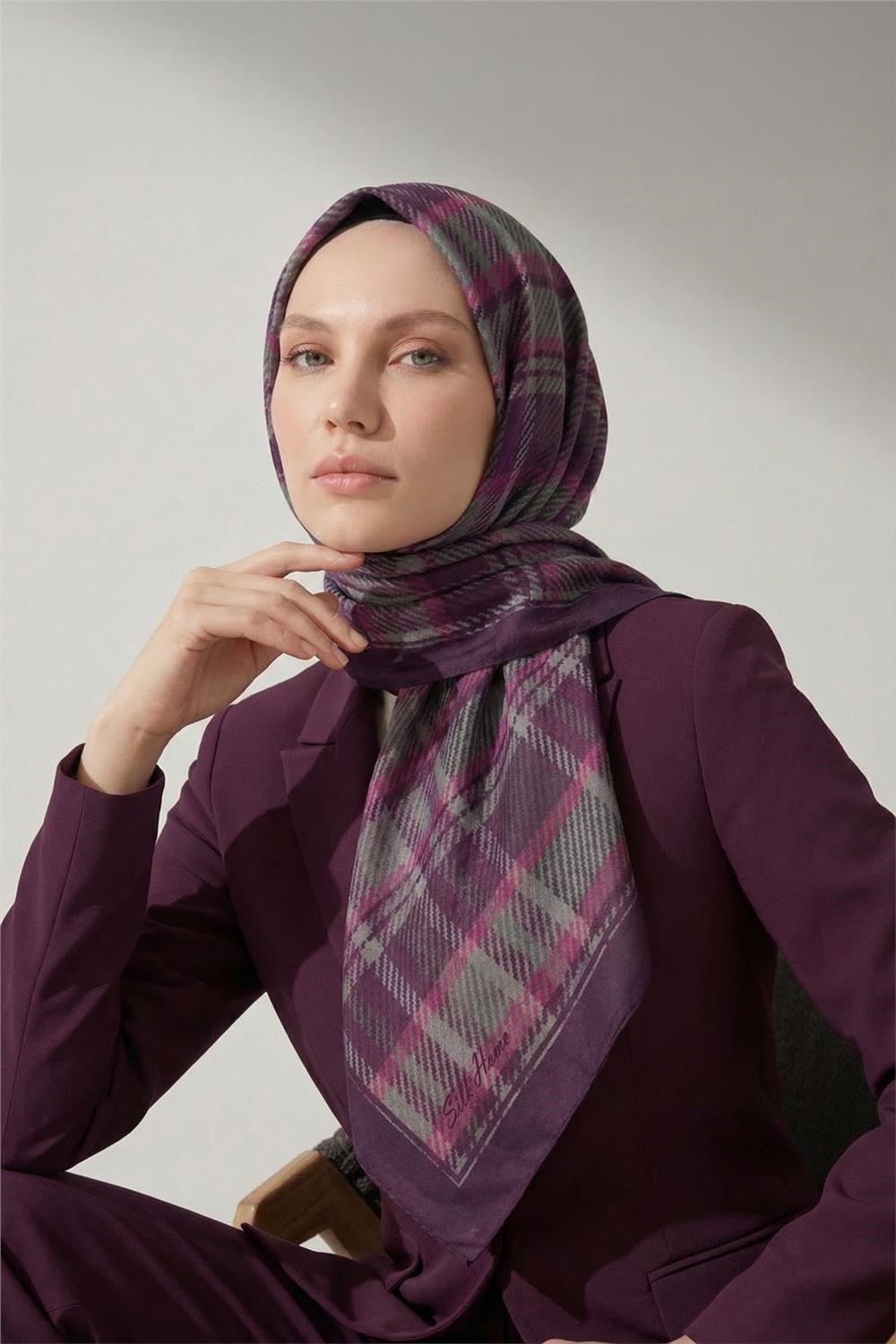 Viskon Velora Eşarp Ekose Desenli Mor Tok Duruşlu Dört Mevsim 90x90