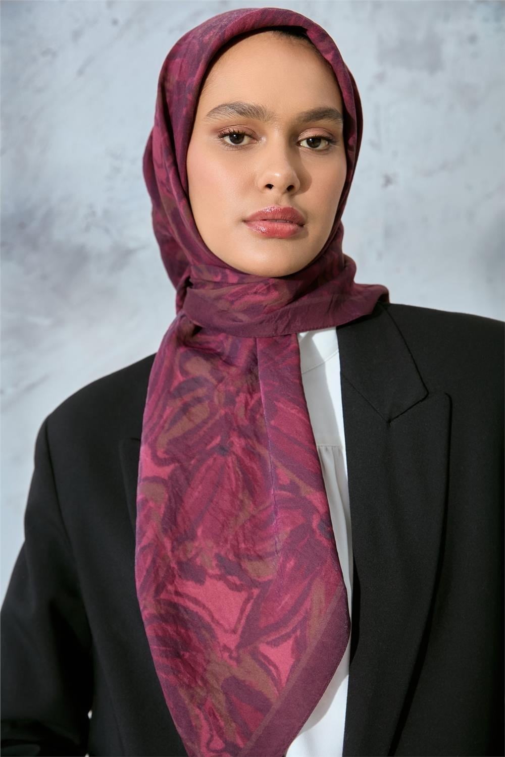 Viskon Velora Eşarp Mürdüm-Vişne Tonlu Desenli Tok Duruşlu Kaymaz 90x90