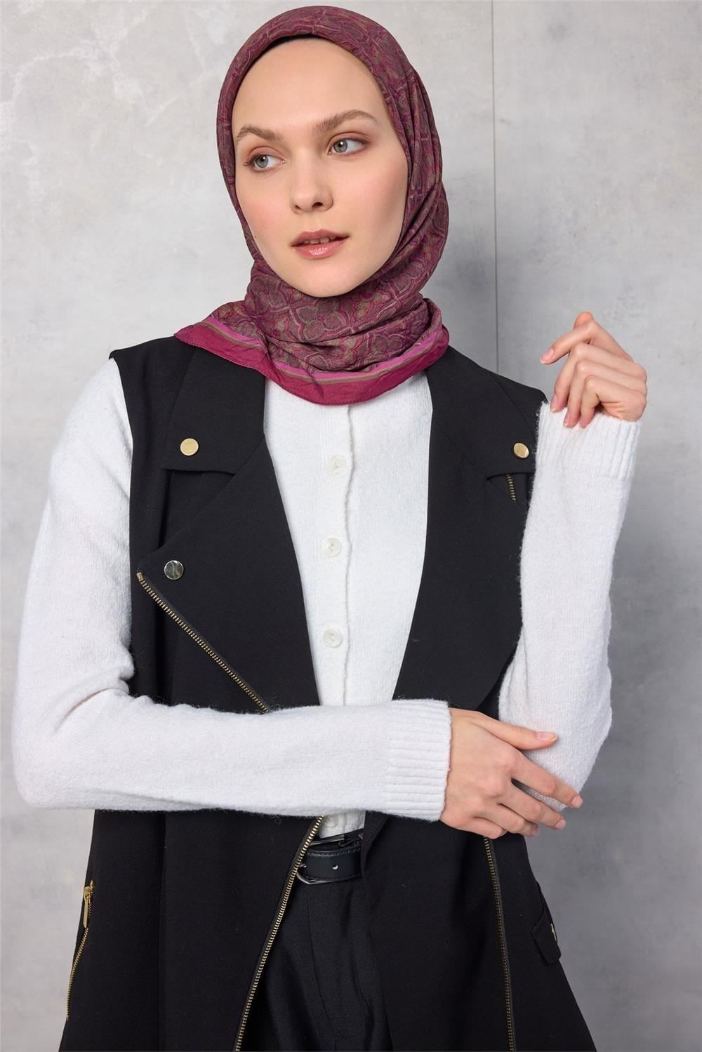 Viskon Velora Eşarp Yonca Desenli Magenta Tok Duruşlu Dört Mevsim 90x90