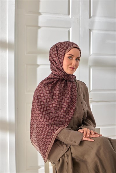 %100 Vual İpek Şal Bordo Vizon Kırmızı Desenli 70x190