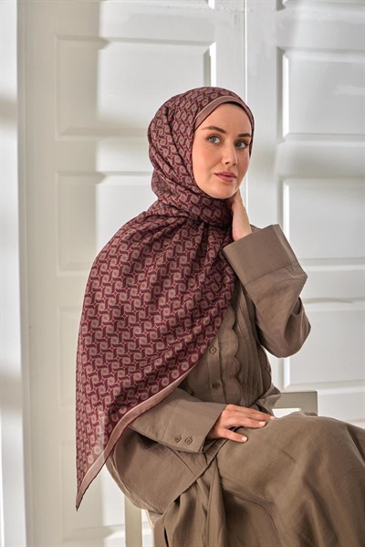 %100 Vual İpek Şal Bordo Vizon Kırmızı Desenli 70x190