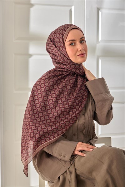 %100 Vual İpek Şal Bordo Vizon Kırmızı Desenli 70x190