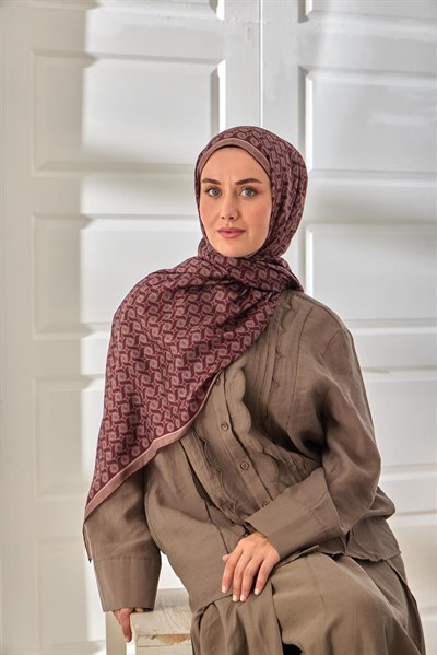 %100 Vual İpek Şal Bordo Vizon Kırmızı Desenli 70x190
