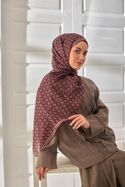 %100 Vual İpek Şal Bordo Vizon Kırmızı Desenli 70x190