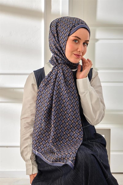 %100 Vual İpek Şal Desenli İndigo Tonlu 70x190