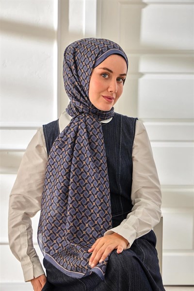 %100 Vual İpek Şal Desenli İndigo Tonlu 70x190