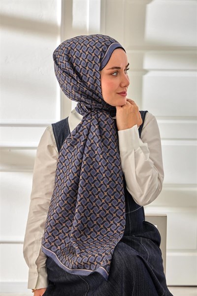 %100 Vual İpek Şal Desenli İndigo Tonlu 70x190