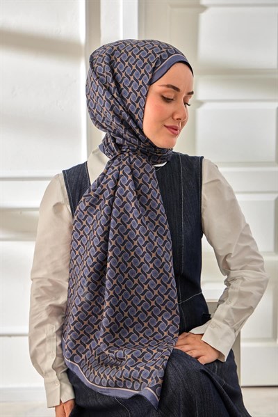 %100 Vual İpek Şal Desenli İndigo Tonlu 70x190