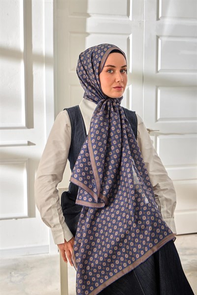 %100 Vual İpek Şal Desenli İndigo Tonlu 70x190