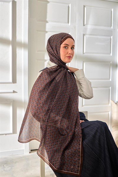 %100 Vual İpek Şal Desenli Kahverengi Tonlu 70x190