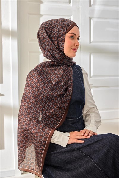 %100 Vual İpek Şal Desenli Kahverengi Tonlu 70x190