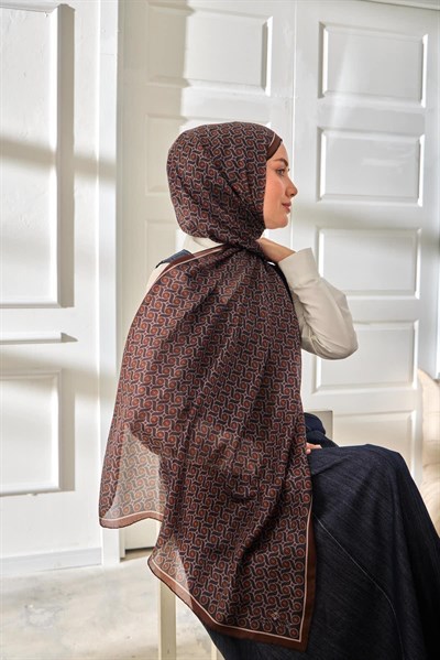 %100 Vual İpek Şal Desenli Kahverengi Tonlu 70x190