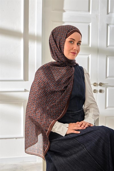 %100 Vual İpek Şal Desenli Kahverengi Tonlu 70x190