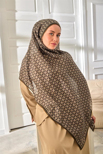 %100 Vual İpek Şal Desenli Koyu Yeşil Gold Tonlu 70x190