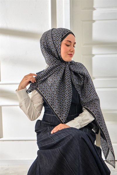 %100 Vual İpek Şal Desenli Lacivert Metalik Gri Tonlu 70x190
