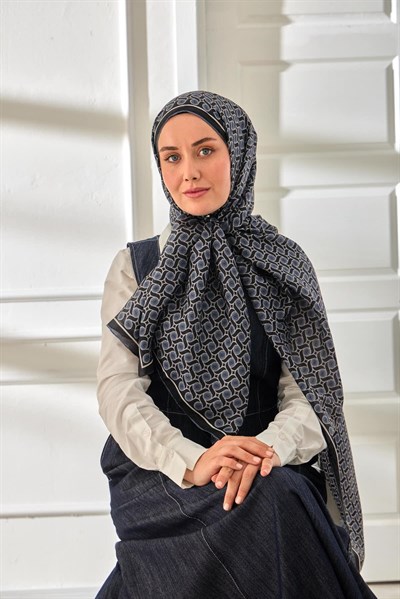 %100 Vual İpek Şal Desenli Lacivert Metalik Gri Tonlu 70x190