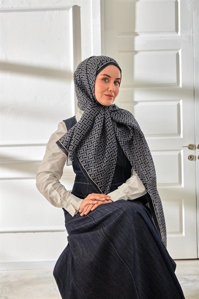%100 Vual İpek Şal Desenli Lacivert Metalik Gri Tonlu 70x190