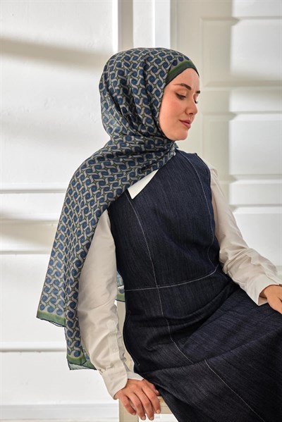 %100 Vual İpek Şal Desenli Lacivert Yeşil Tonlu 70x190