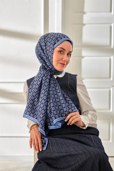 %100 Vual İpek Şal Desenli Mavi Tonlu 70x190