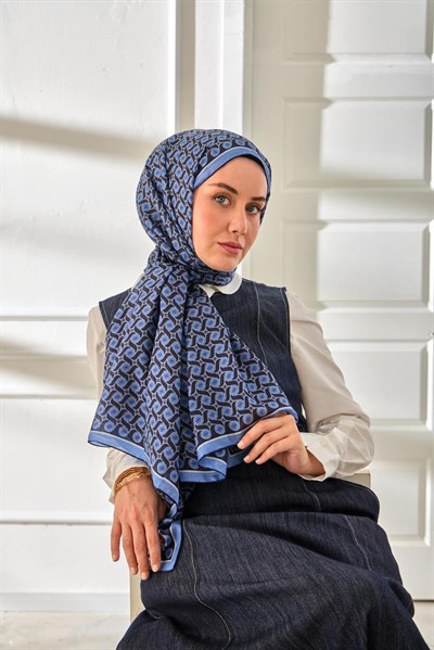 %100 Vual İpek Şal Desenli Mavi Tonlu 70x190