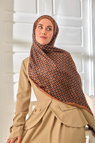 %100 Vual İpek Şal Desenli Taba Acı Kahve Tonlu 70x190