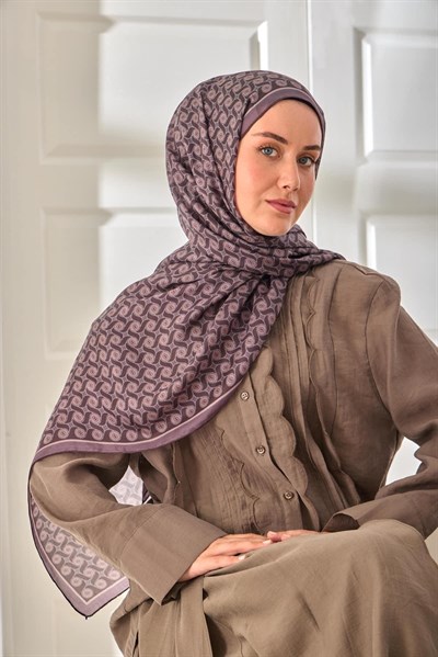 %100 Vual İpek Şal Eski Lavanta Mor Desenli 70x190