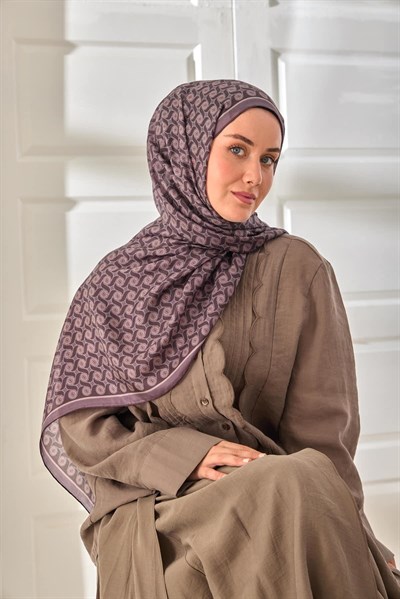 %100 Vual İpek Şal Eski Lavanta Mor Desenli 70x190