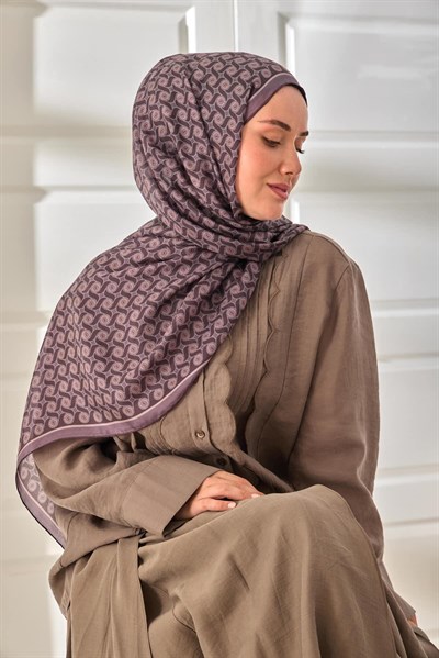 %100 Vual İpek Şal Eski Lavanta Mor Desenli 70x190
