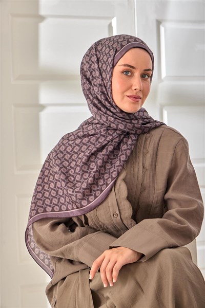 %100 Vual İpek Şal Eski Lavanta Mor Desenli 70x190