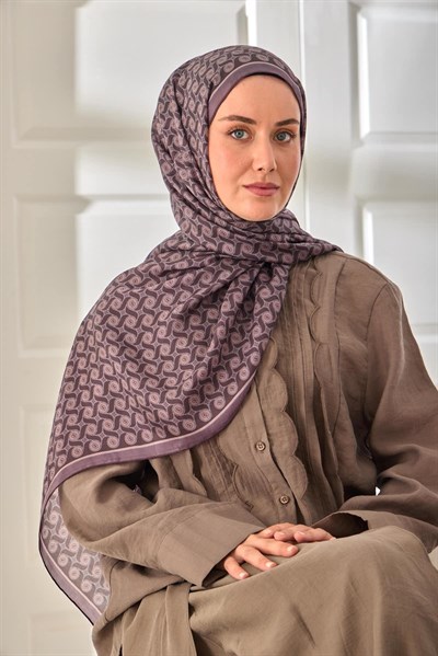 %100 Vual İpek Şal Eski Lavanta Mor Desenli 70x190