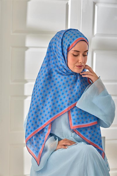 %100 Vual İpek Şal Gök Mavi Bebe Mavi Yavruağzı Desenli 70x190