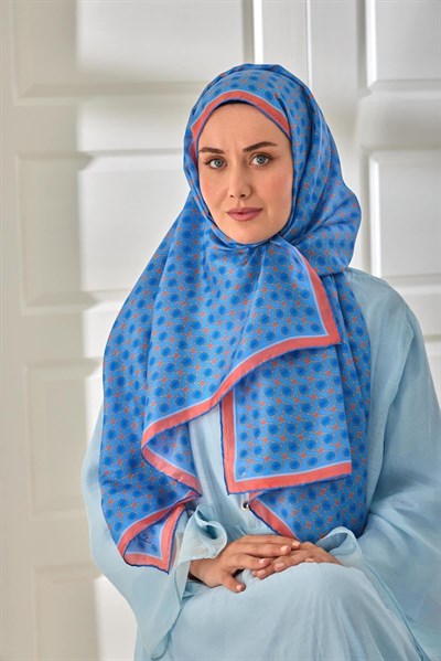 %100 Vual İpek Şal Gök Mavi Bebe Mavi Yavruağzı Desenli 70x190