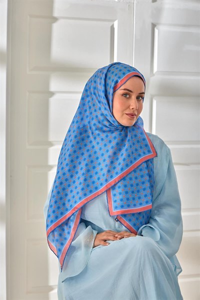 %100 Vual İpek Şal Gök Mavi Bebe Mavi Yavruağzı Desenli 70x190
