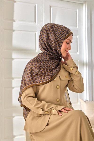 %100 Vual İpek Şal Haki Gold Desenli 70x190