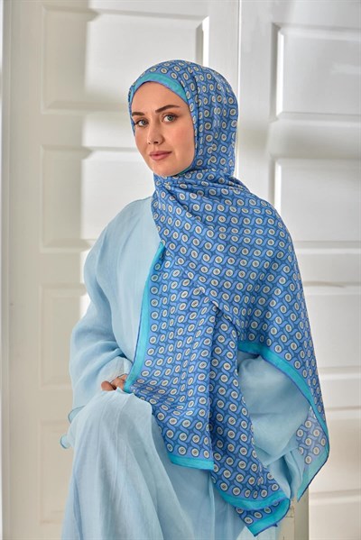 %100 Vual İpek Şal Lila Eflatun Turkuaz Desenli 70x190