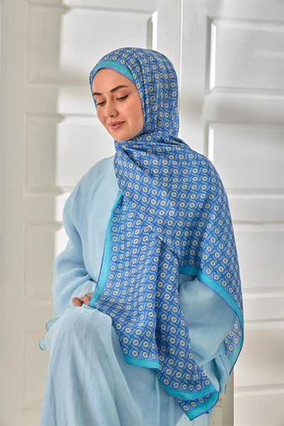 %100 Vual İpek Şal Lila Eflatun Turkuaz Desenli 70x190