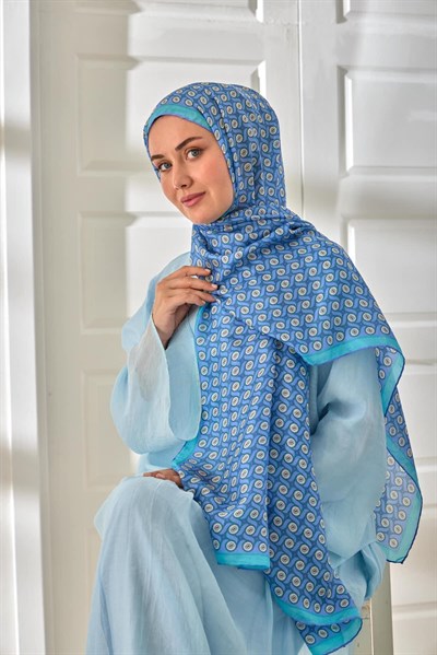 %100 Vual İpek Şal Lila Eflatun Turkuaz Desenli 70x190