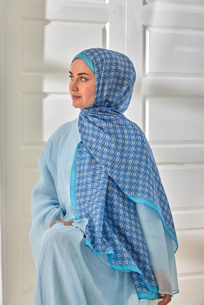 %100 Vual İpek Şal Lila Eflatun Turkuaz Desenli 70x190