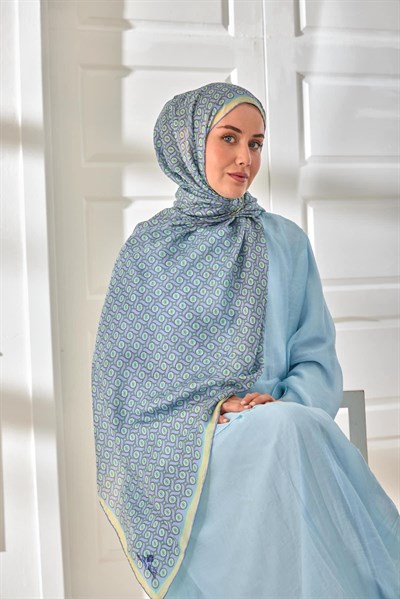 %100 Vual İpek Şal Lila Mint Butter Yellow Desenli 70x190