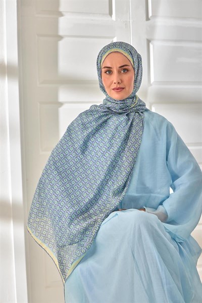 %100 Vual İpek Şal Lila Mint Butter Yellow Desenli 70x190
