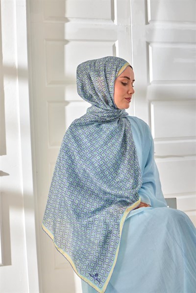 %100 Vual İpek Şal Lila Mint Butter Yellow Desenli 70x190