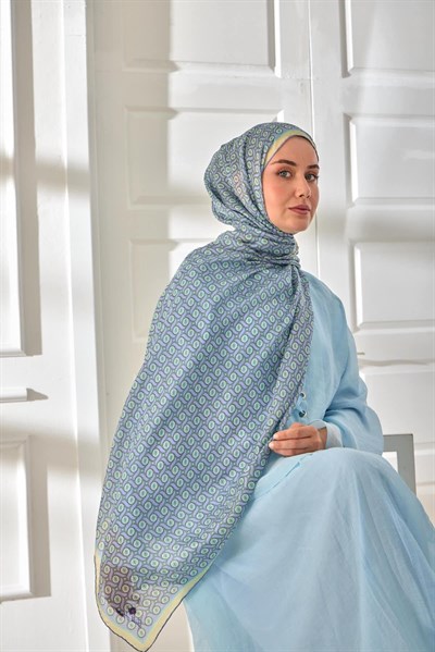 %100 Vual İpek Şal Lila Mint Butter Yellow Desenli 70x190