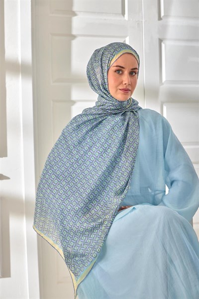 %100 Vual İpek Şal Lila Mint Butter Yellow Desenli 70x190
